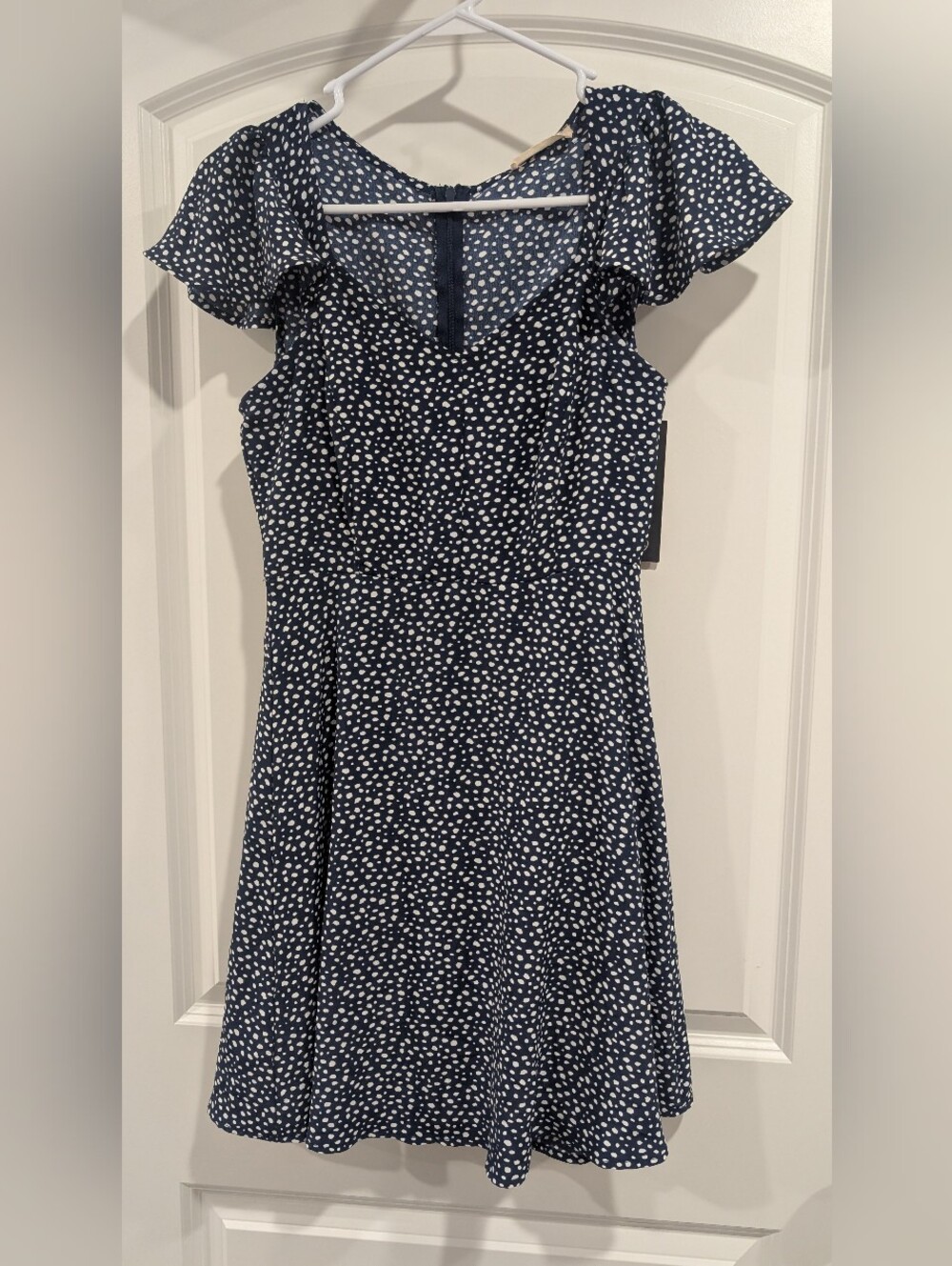 Altar'd State Navy Blue & White Polka Dot Flutter Sleeve Fit & Flare Dress Sz S